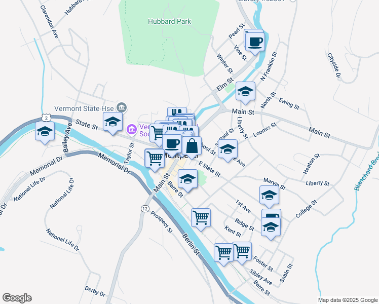 map of restaurants, bars, coffee shops, grocery stores, and more near 89 Main Street in Montpelier