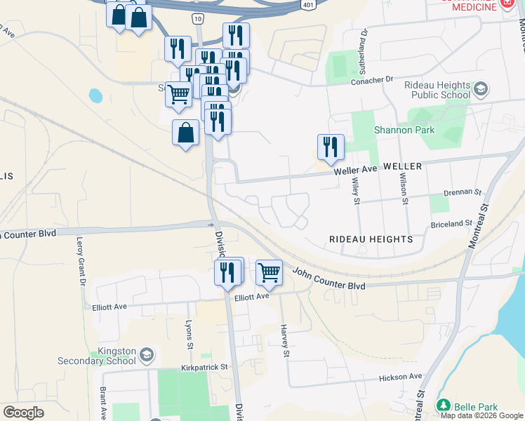 map of restaurants, bars, coffee shops, grocery stores, and more near 11 Powley Garden Drive in Kingston
