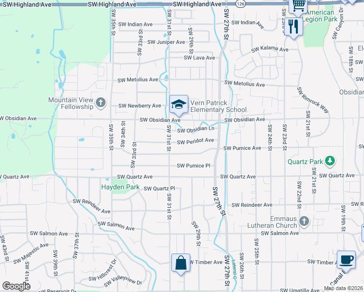 map of restaurants, bars, coffee shops, grocery stores, and more near 3004 Southwest Peridot Avenue in Redmond