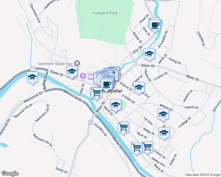map of restaurants, bars, coffee shops, grocery stores, and more near in Montpelier