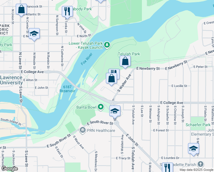 map of restaurants, bars, coffee shops, grocery stores, and more near 1225 East Gunn Street in Appleton