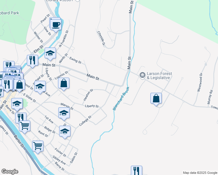 map of restaurants, bars, coffee shops, grocery stores, and more near 2 Emmons Street in Montpelier