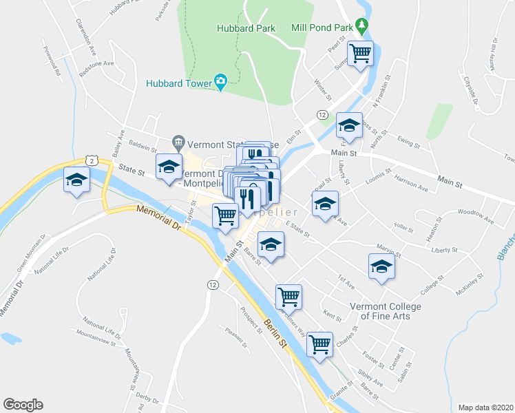 map of restaurants, bars, coffee shops, grocery stores, and more near in Montpelier