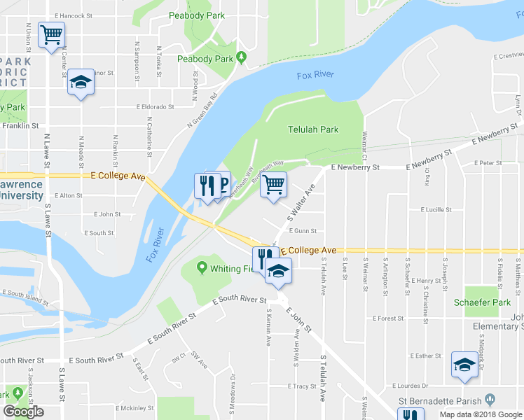 map of restaurants, bars, coffee shops, grocery stores, and more near 1225 East Gunn Street in Appleton