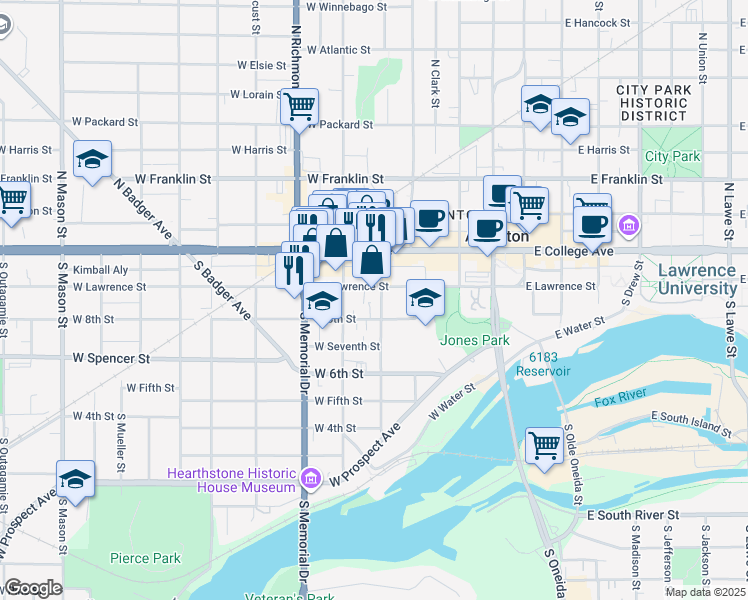 map of restaurants, bars, coffee shops, grocery stores, and more near 208 South State Street in Appleton