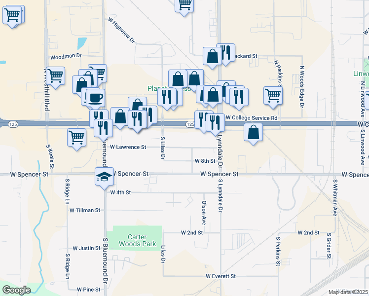 map of restaurants, bars, coffee shops, grocery stores, and more near 2745 West Lawrence Street in Appleton