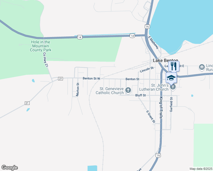 map of restaurants, bars, coffee shops, grocery stores, and more near 105 Cottage Street in Lake Benton