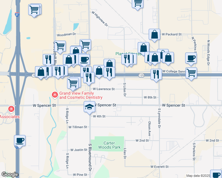 map of restaurants, bars, coffee shops, grocery stores, and more near 2985 West Lawrence Street in Appleton