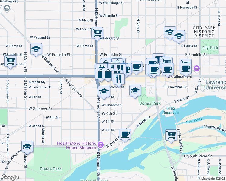 map of restaurants, bars, coffee shops, grocery stores, and more near 208 South State Street in Appleton