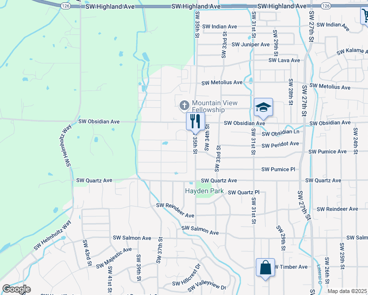 map of restaurants, bars, coffee shops, grocery stores, and more near 3539 Southwest Pumice Avenue in Redmond