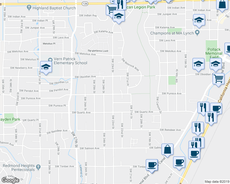 map of restaurants, bars, coffee shops, grocery stores, and more near 2247 Southwest Pumice Avenue in Redmond