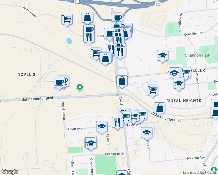 map of restaurants, bars, coffee shops, grocery stores, and more near 1033 John Counter Boulevard in Kingston