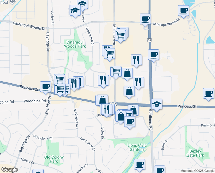 map of restaurants, bars, coffee shops, grocery stores, and more near 1012 Redwood Crescent in Kingston