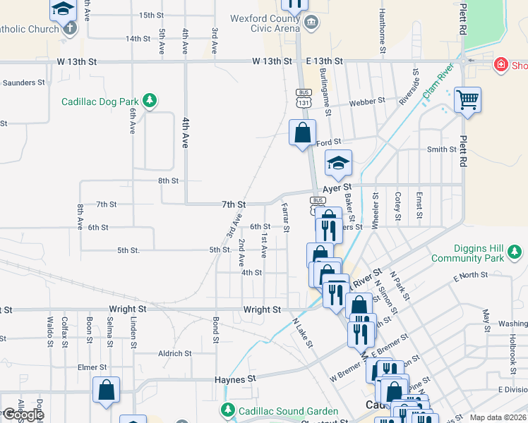 map of restaurants, bars, coffee shops, grocery stores, and more near 1100-1118 1st Avenue in Cadillac