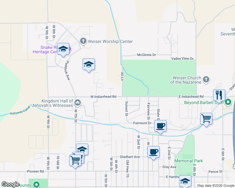 map of restaurants, bars, coffee shops, grocery stores, and more near 25 Lundberg Place in Weiser