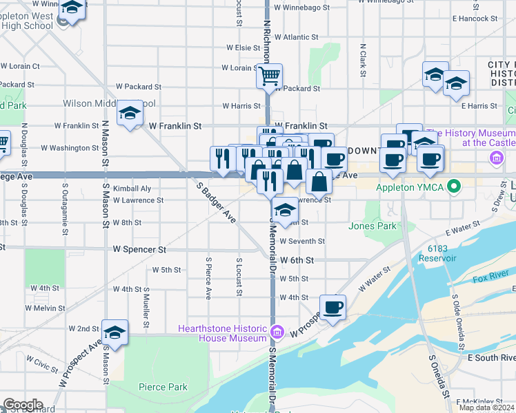 map of restaurants, bars, coffee shops, grocery stores, and more near 715 West Lawrence Street in Appleton
