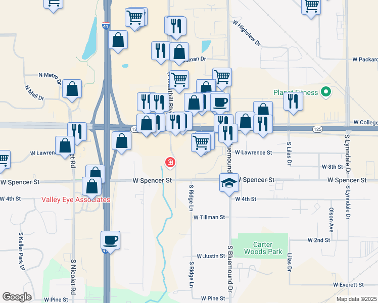 map of restaurants, bars, coffee shops, grocery stores, and more near 315 South Kools Street in Appleton
