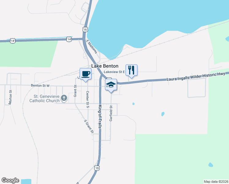 map of restaurants, bars, coffee shops, grocery stores, and more near 101 Garfield Street in Lake Benton