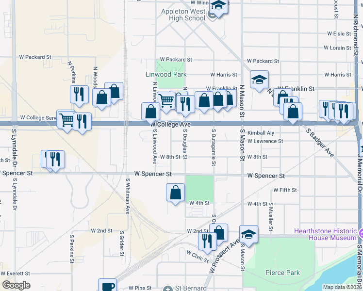 map of restaurants, bars, coffee shops, grocery stores, and more near 203 South Douglas Street in Appleton