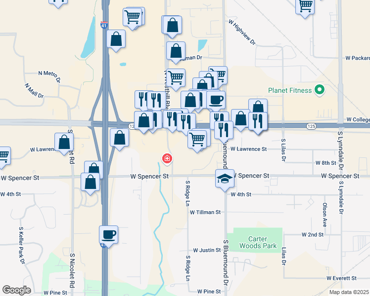 map of restaurants, bars, coffee shops, grocery stores, and more near 315 South Kools Street in Appleton