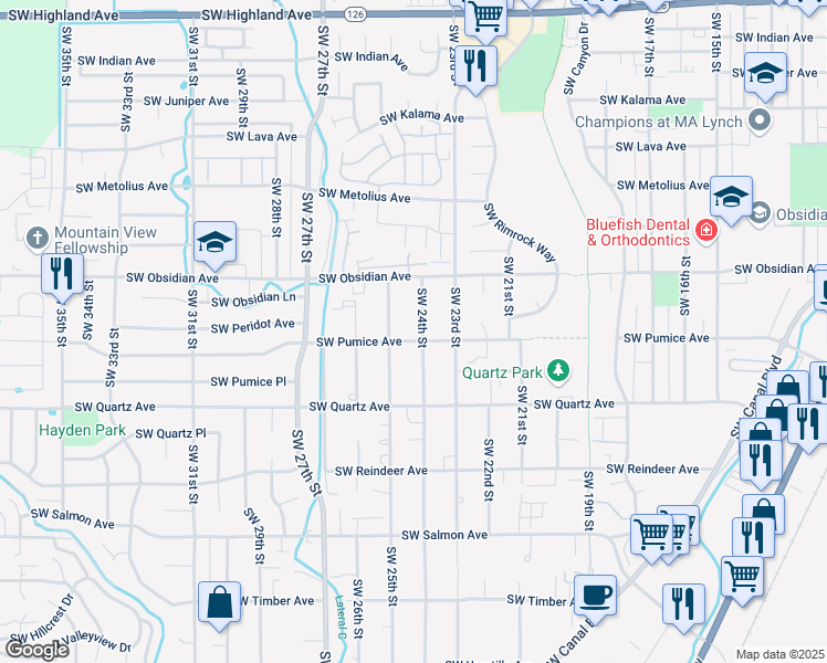 map of restaurants, bars, coffee shops, grocery stores, and more near 2443 Southwest Pumice Avenue in Redmond