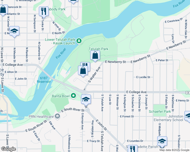 map of restaurants, bars, coffee shops, grocery stores, and more near 212 South Walter Avenue in Appleton