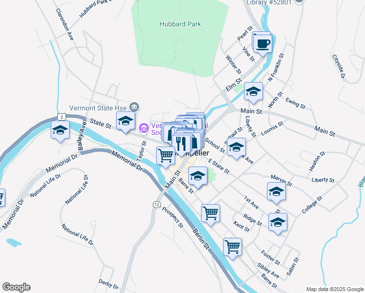 map of restaurants, bars, coffee shops, grocery stores, and more near 25 State Street in Montpelier