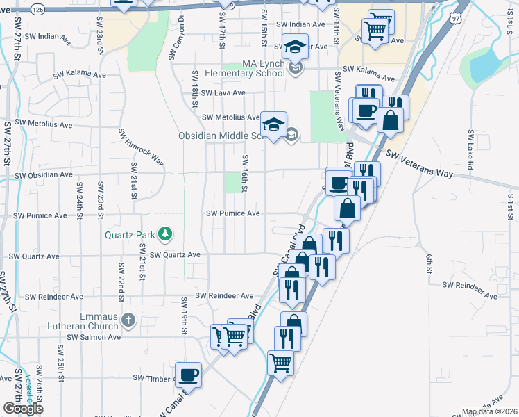 map of restaurants, bars, coffee shops, grocery stores, and more near 1650 Southwest 16th Street in Redmond
