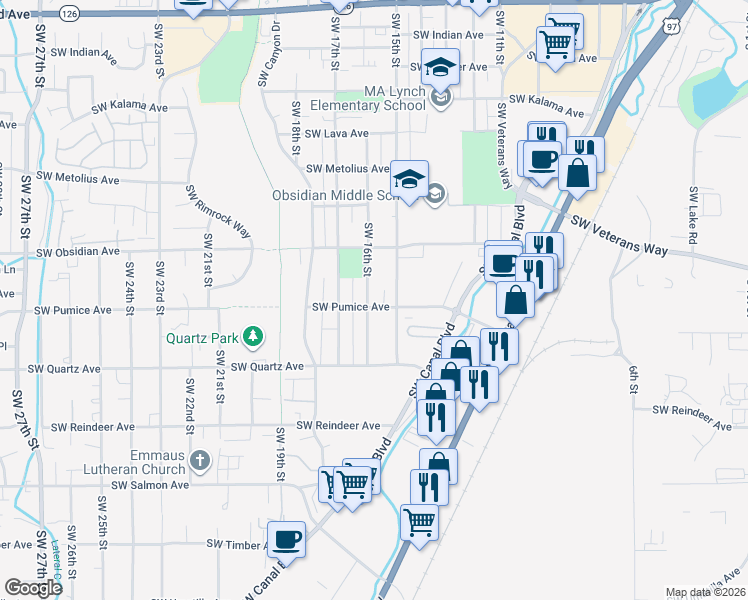 map of restaurants, bars, coffee shops, grocery stores, and more near 1650 Southwest 16th Street in Redmond
