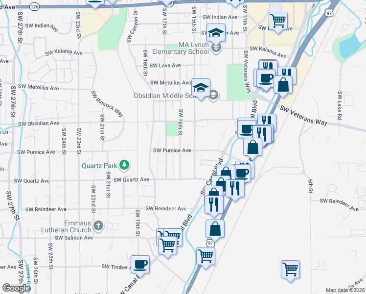 map of restaurants, bars, coffee shops, grocery stores, and more near 1650 Southwest 16th Street in Redmond
