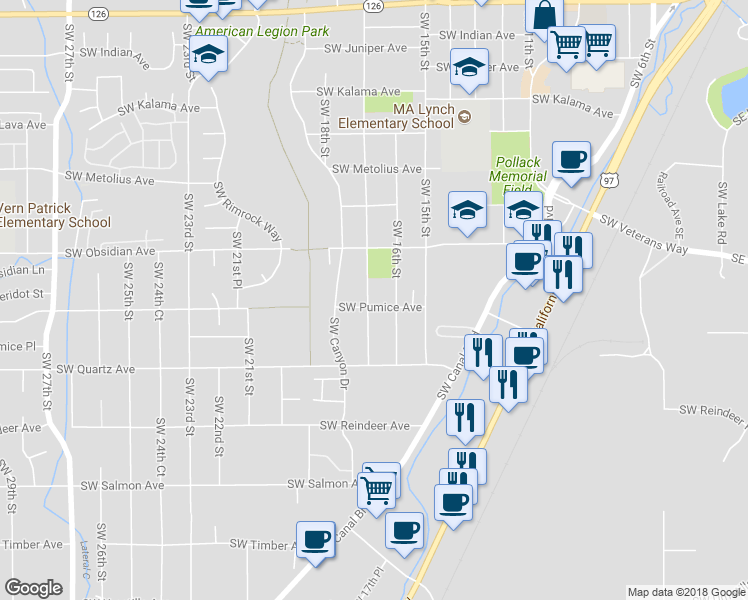 map of restaurants, bars, coffee shops, grocery stores, and more near 1650 Southwest 17th Street in Redmond