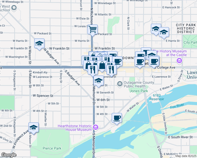 map of restaurants, bars, coffee shops, grocery stores, and more near 621 West Lawrence Street in Appleton