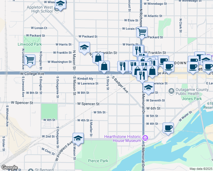 map of restaurants, bars, coffee shops, grocery stores, and more near 1003 West Lawrence Street in Appleton