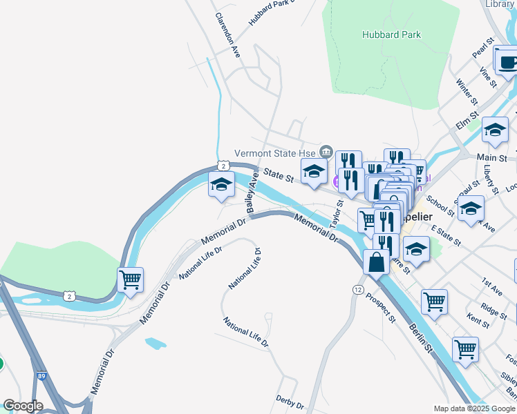 map of restaurants, bars, coffee shops, grocery stores, and more near 1 Bailey Avenue in Montpelier