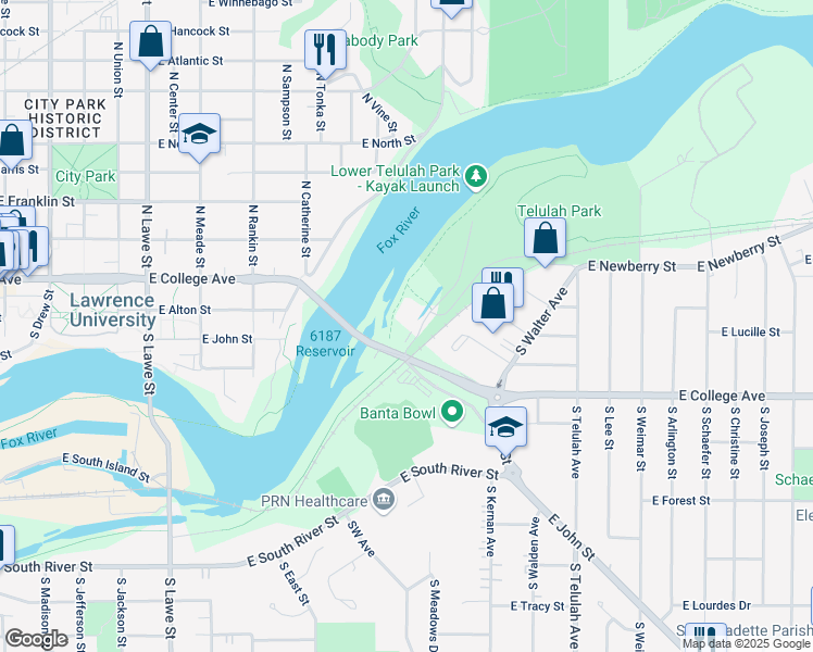 map of restaurants, bars, coffee shops, grocery stores, and more near 201 Riverheath Way in Appleton