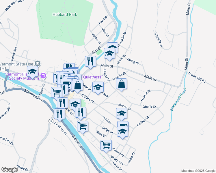 map of restaurants, bars, coffee shops, grocery stores, and more near 19 Liberty Street in Montpelier