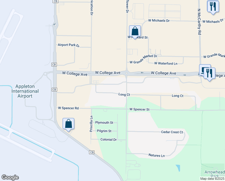 map of restaurants, bars, coffee shops, grocery stores, and more near W6140 Long Court in Appleton