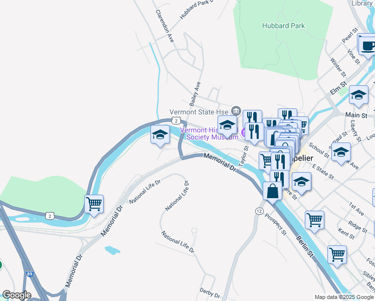 map of restaurants, bars, coffee shops, grocery stores, and more near 1 Bailey Avenue in Montpelier