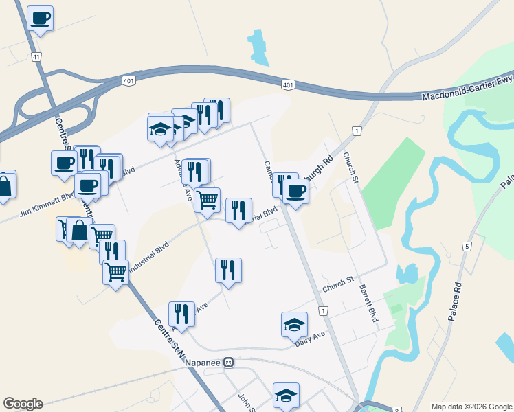 map of restaurants, bars, coffee shops, grocery stores, and more near 145 Industrial Boulevard in Napanee