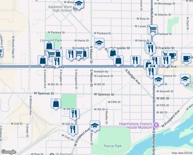map of restaurants, bars, coffee shops, grocery stores, and more near 1219 West Lawrence Street in Appleton