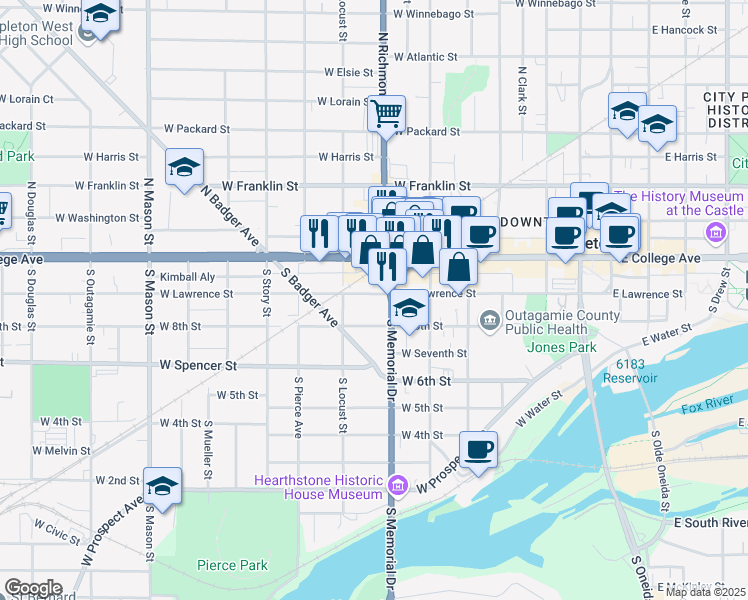 map of restaurants, bars, coffee shops, grocery stores, and more near 715 West Lawrence Street in Appleton