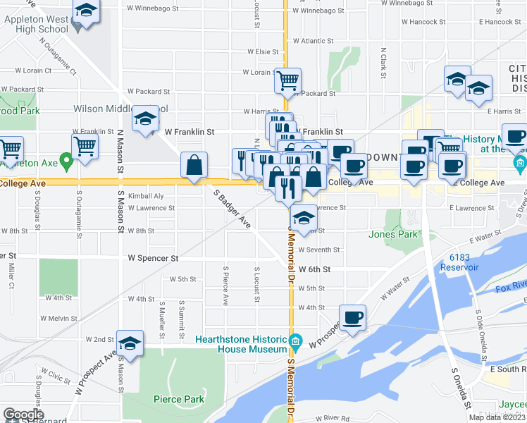 map of restaurants, bars, coffee shops, grocery stores, and more near 741 West Lawrence Street in Appleton
