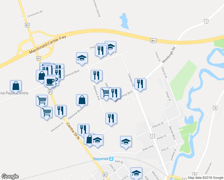 map of restaurants, bars, coffee shops, grocery stores, and more near 435 Milligan Lane in Napanee
