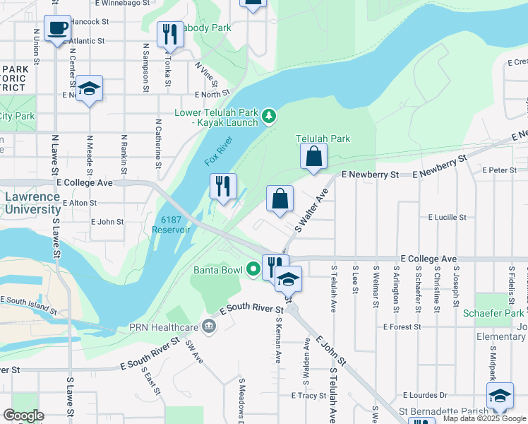 map of restaurants, bars, coffee shops, grocery stores, and more near 1225 East Gunn Street in Appleton