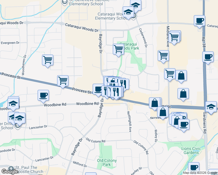 map of restaurants, bars, coffee shops, grocery stores, and more near 1020 Bayridge Drive in Kingston