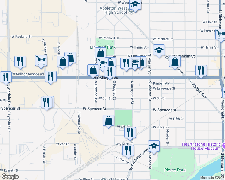 map of restaurants, bars, coffee shops, grocery stores, and more near 203 South Douglas Street in Appleton