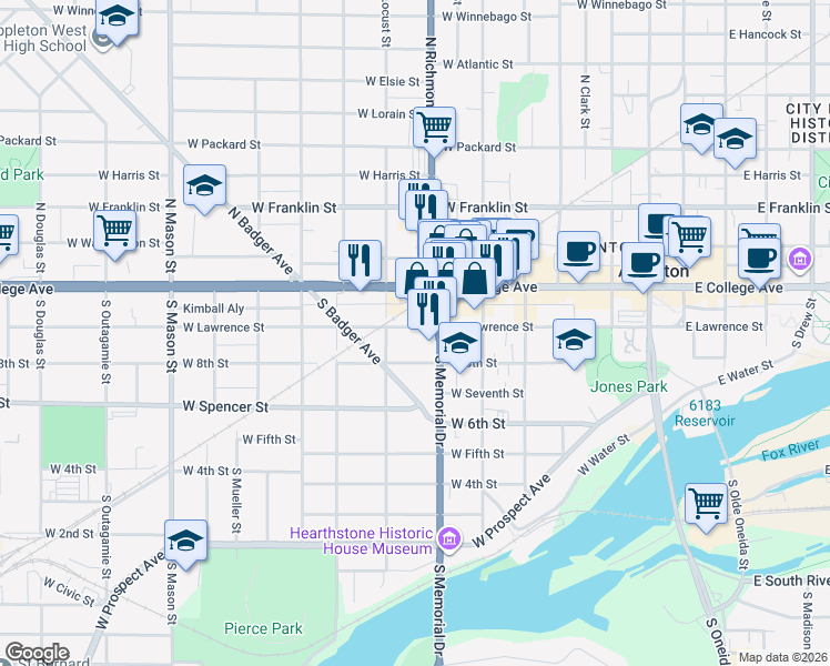 map of restaurants, bars, coffee shops, grocery stores, and more near 721 West Lawrence Street in Appleton