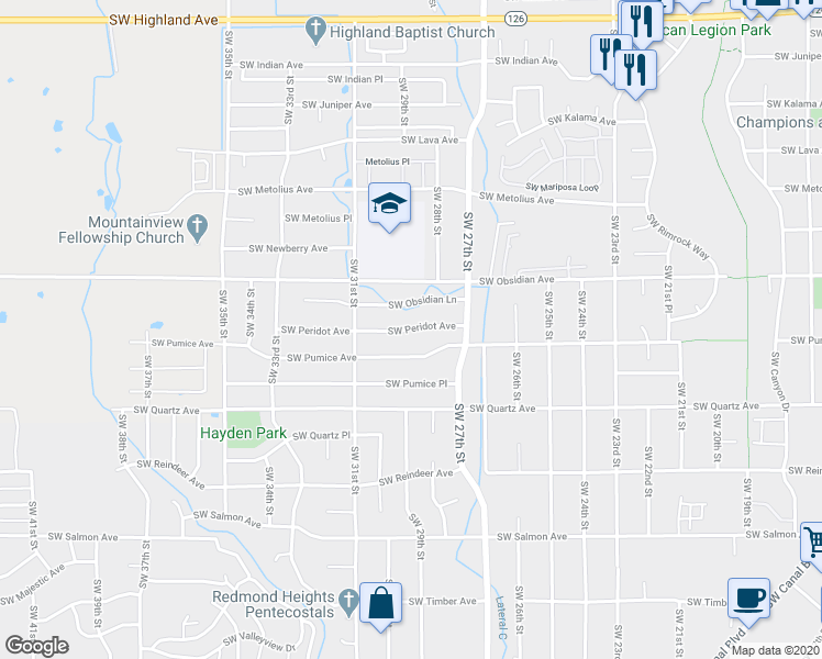 map of restaurants, bars, coffee shops, grocery stores, and more near 2935 Southwest Peridot Street in Redmond