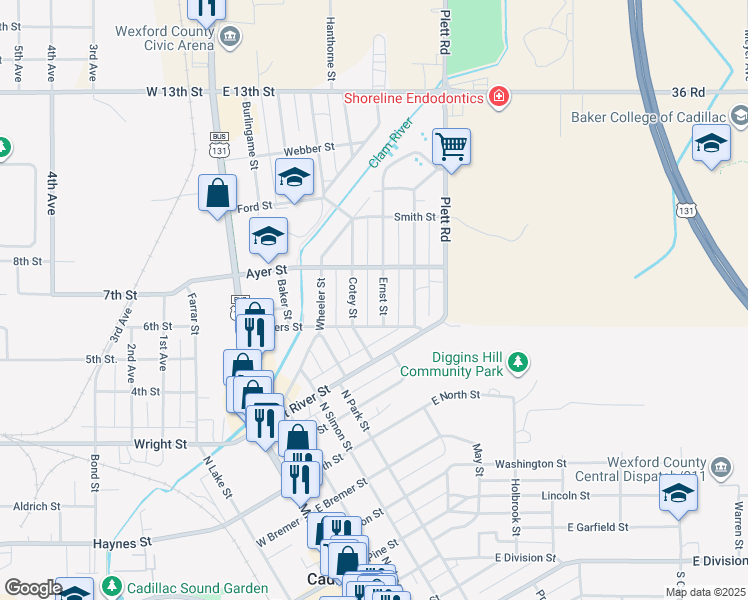 map of restaurants, bars, coffee shops, grocery stores, and more near 901-999 Ernst St in Cadillac