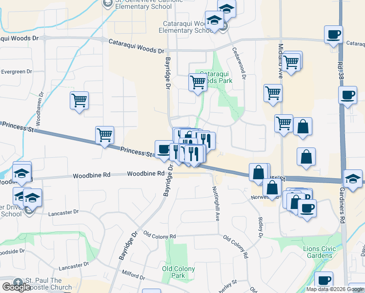 map of restaurants, bars, coffee shops, grocery stores, and more near 1020 Bayridge Drive in Kingston
